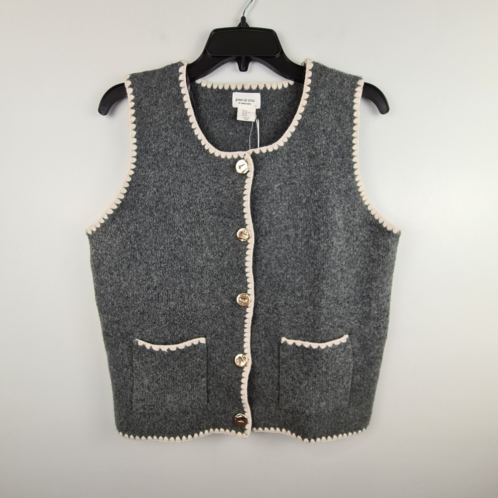 Song of Style Aimee Song Gray Scalloped Trim Knit Vest Gold Buttons XL Old Money